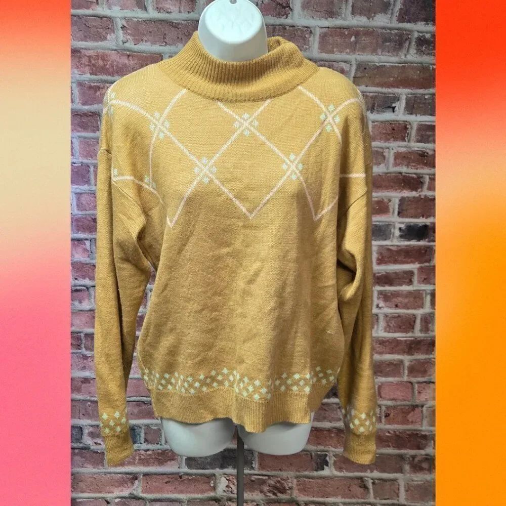 Vintage Boundary Waters Argyle Sweater – Women’s Size Large Tan 90s Mock Neck